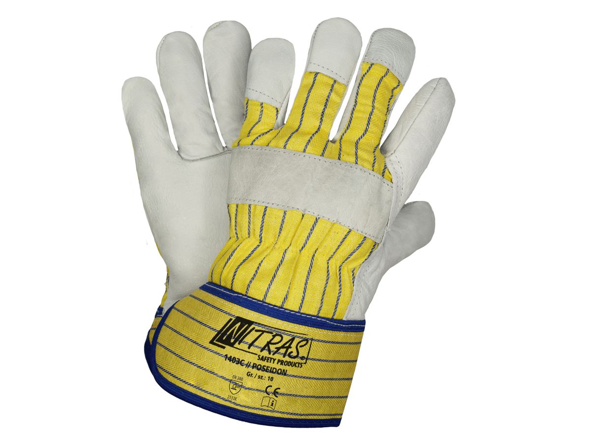 Rindvollleder-Handschuh m. Stulpe TEXAS Gr. 10, gelb gestreifter BW - Rücken
