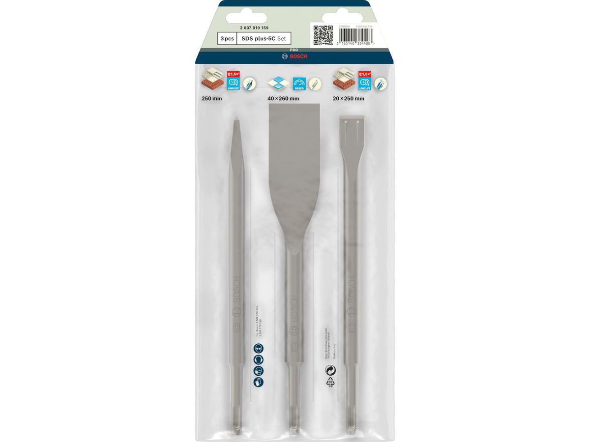 BOSCH SDS-PLUS Meissel-Set 3 teilig Spitz-, Flach- und Fliesenmeißel