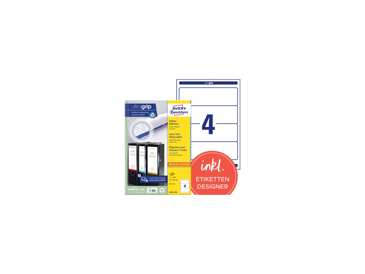 Avery Zweckform Ordneretikett L4761-100 61x192mm ws 400 St./Pack.