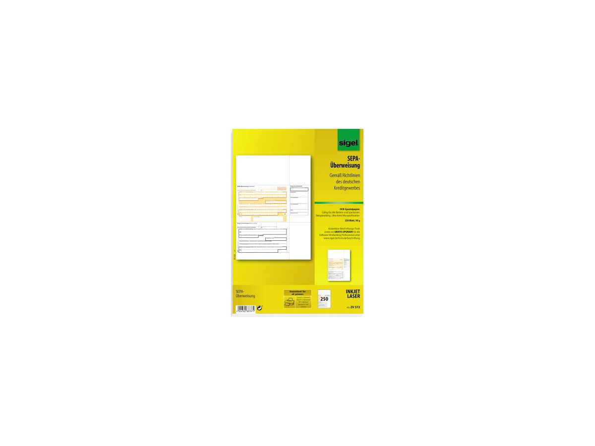 Sigel Überweisung ZV572 DIN A4 für InkJet/Laser-Drucker 250 Bl./Pack.