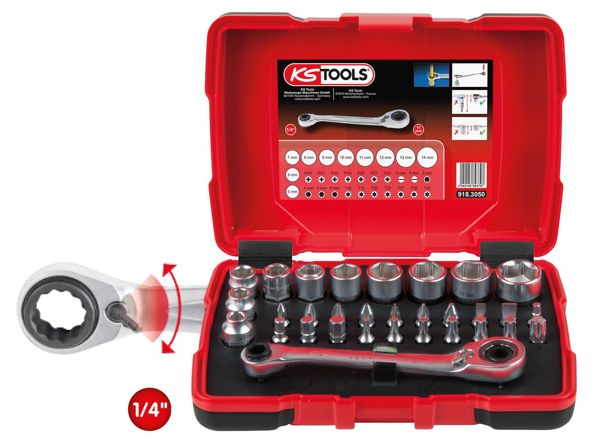 KS TOOLS 1/4" + 11 mm Durchgangs- Steckschlüssel- und Bit-Satz, 31-tlg.