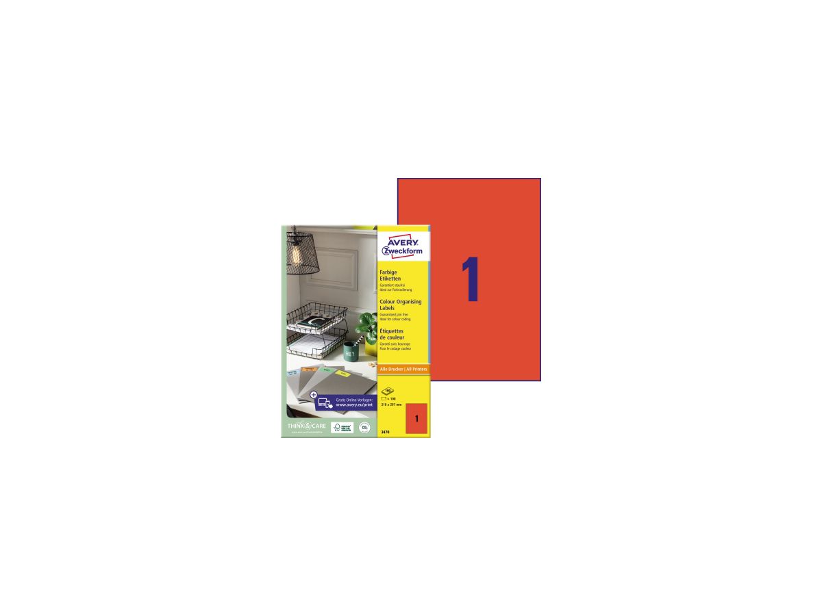 Avery Zweckform Universaletikett 3470 210x297mm rot 100 St./Pack.