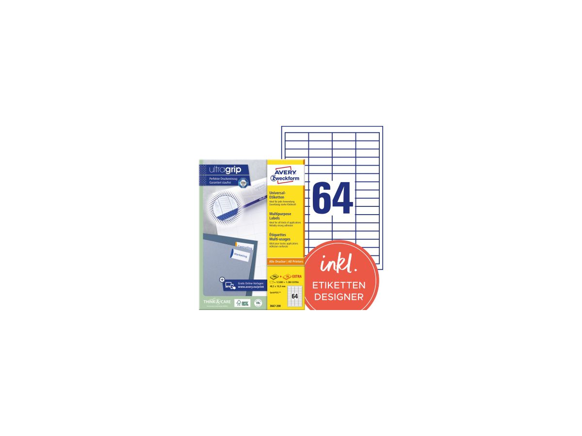 Avery Zweckform Etikett 3667-200 48,5x16,9mm weiß 12.800 St./Pack.