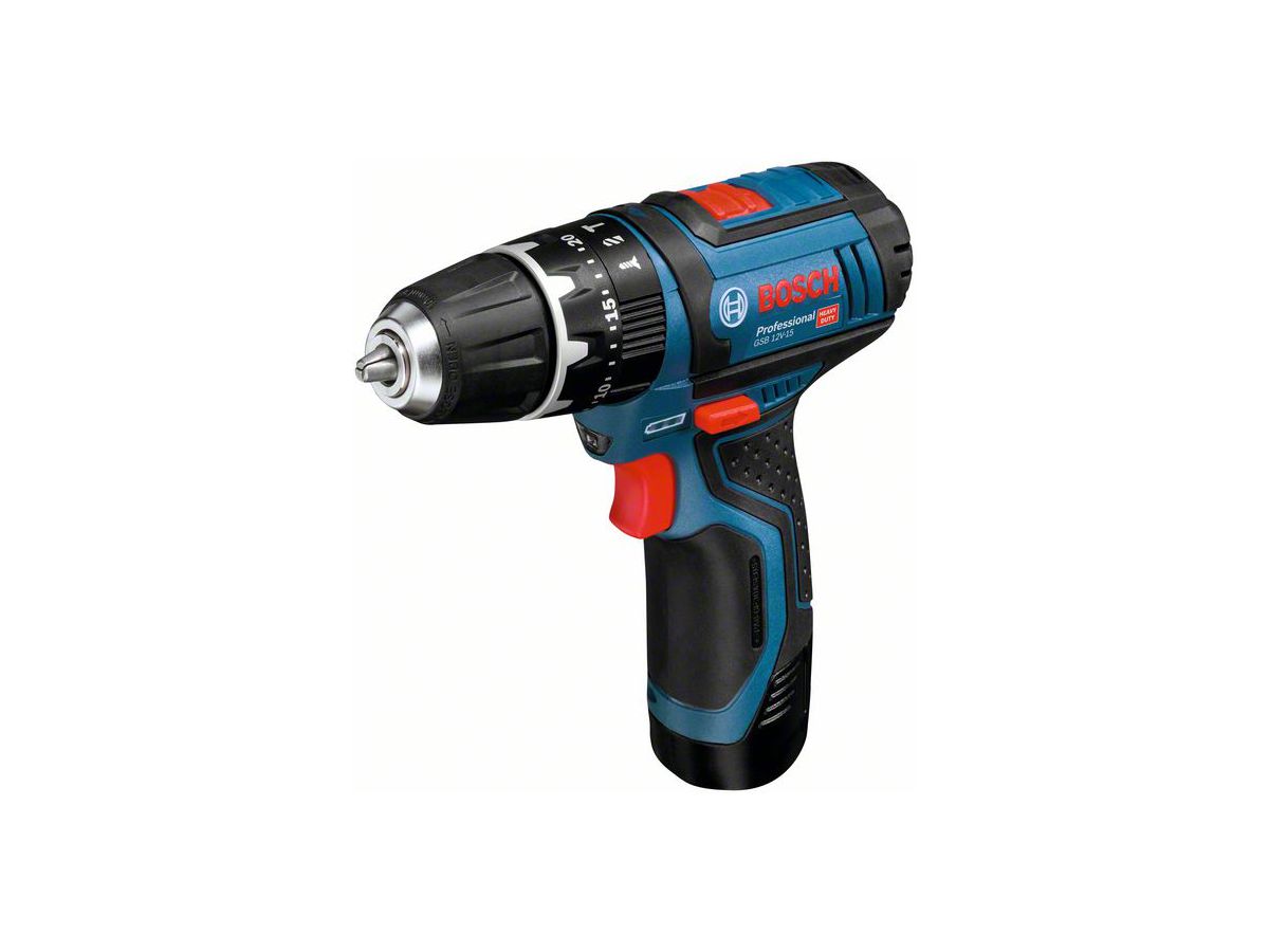 BOSCH Akku-Schlagbohrschrauber + Bit-Set GSB 12V-15, 2x2,0 Ah, Ladegerät, Tasche