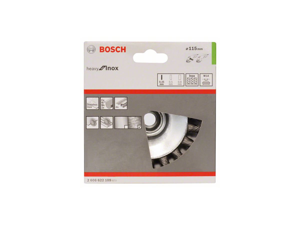 BOSCH Kegelbürste, gezopfter Draht, rostfrei, 0,35 mm,115 mm,12500 U/min,M14