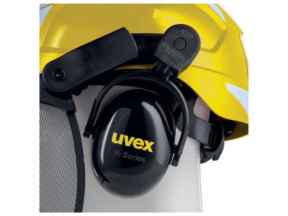 UVEX pheos Waldarbeiterset, gelb mit kurzem Schirm, Visier, Kopfschutz