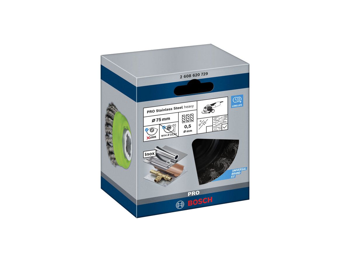 BOSCH X-LOCK Topfbürste M14,75mm,gez.,0.5mm INOX