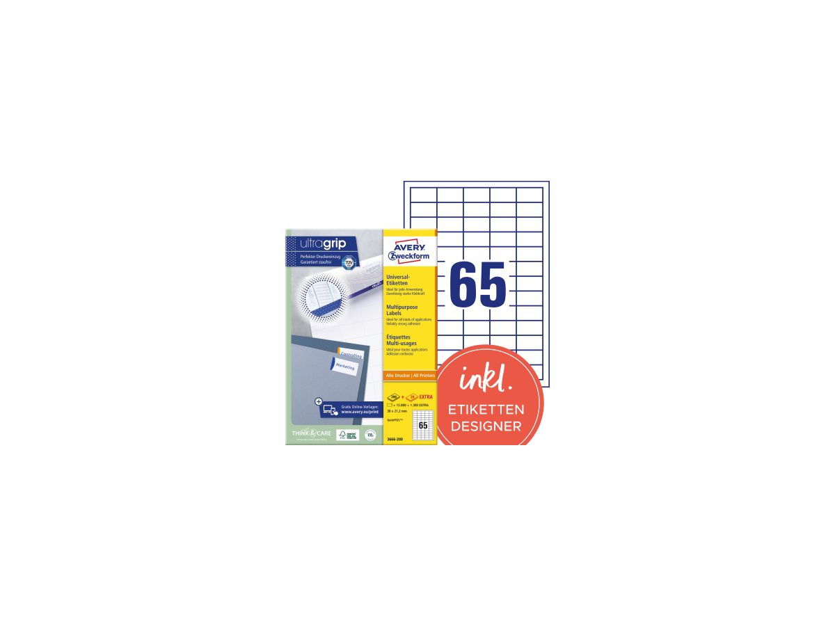Avery Zweckform Etikett 3666-200 38x21,2mm weiß 13.000 St./Pack.