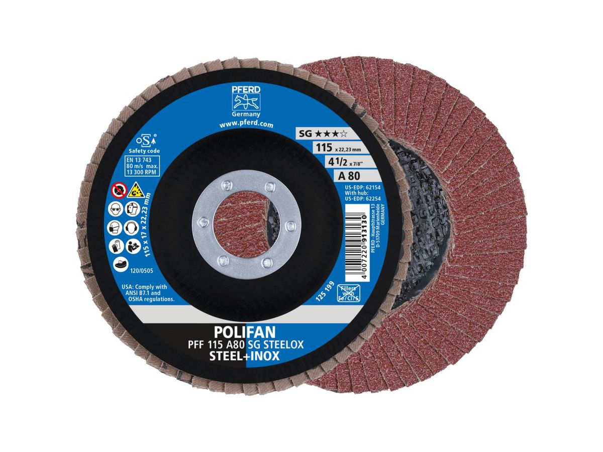 PFERD Fächerschleifscheibe Korund 115x22mm gerade K80
