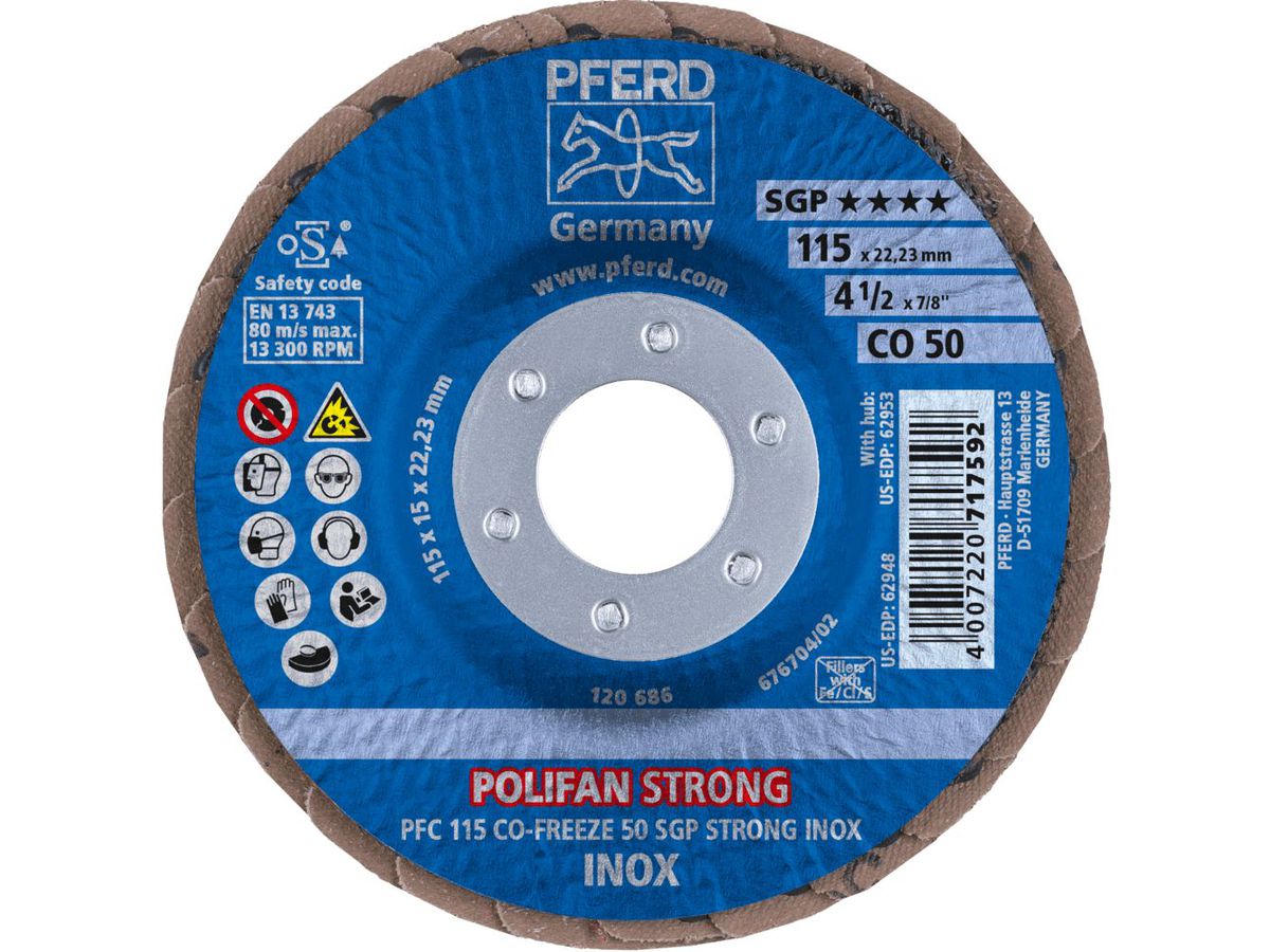 PFERD Polifan Fächerschleifscheibe SGP CO-Strong FREEZE 115x22.23mm, K 50