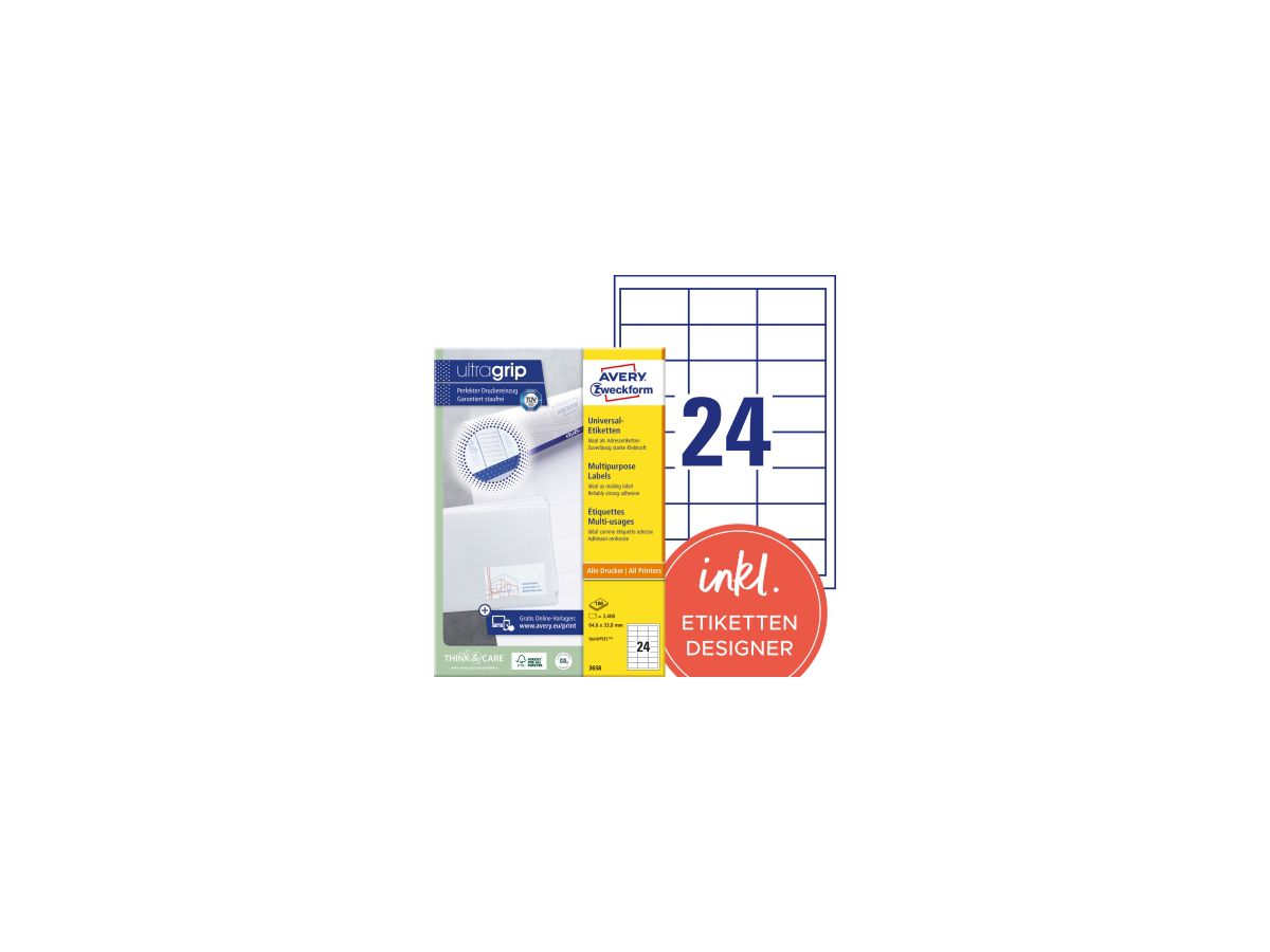 Avery Zweckform Universaletikett 3658 64,6x33,8mm ws 2.400 St./Pack.