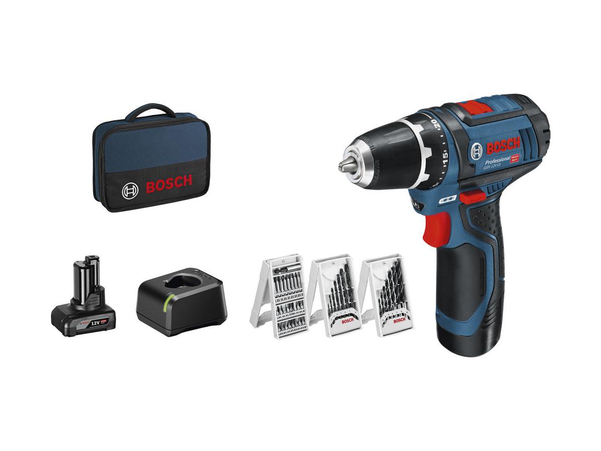 BOSCH Akku-Bohrschrau. + 39 tlg. Zubehör GSR 12V-15, 2 Ah, 4,0 Ah, Ladeg, Tasche