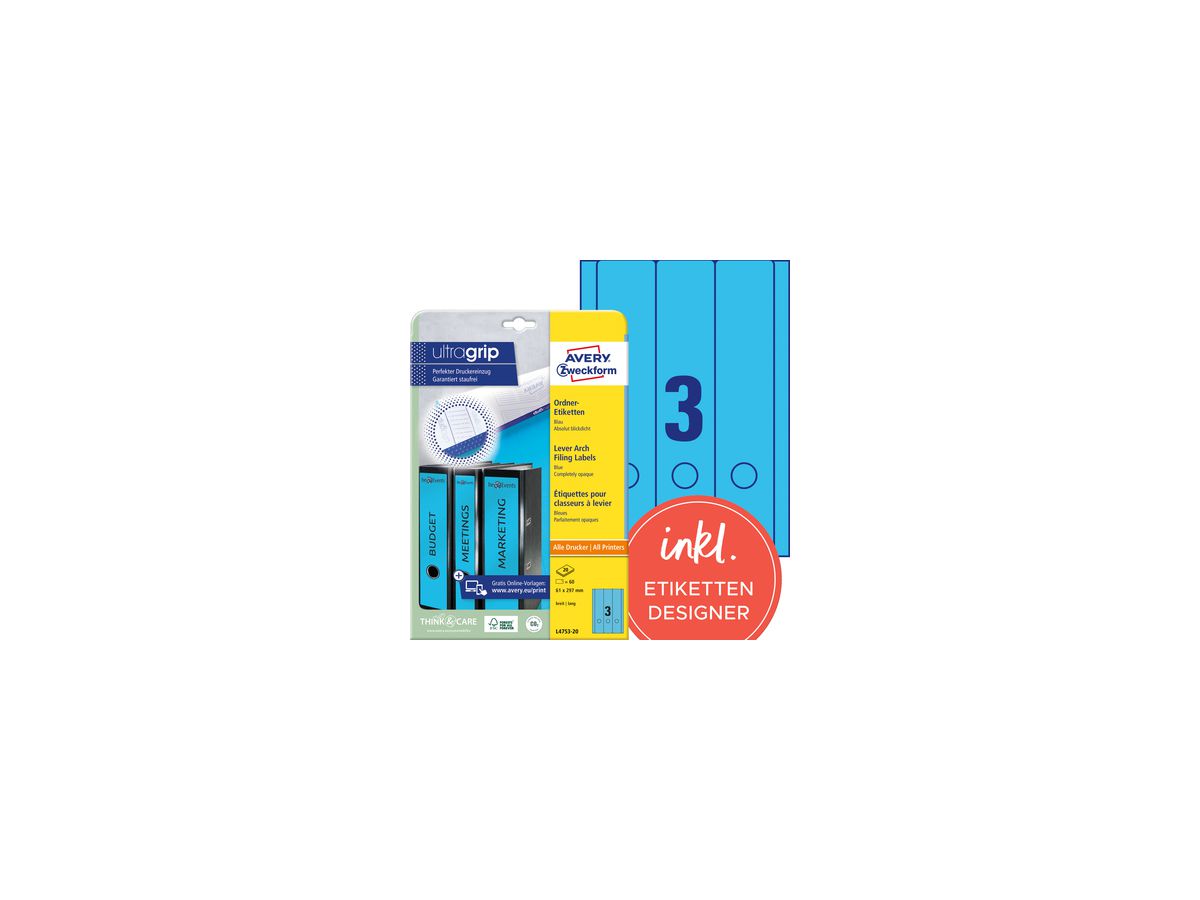Avery Zweckform Ordneretikett L4753-20 lang/breit bl 60 St./Pack.