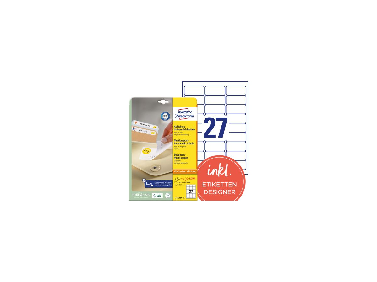 Avery Zweckform Etikett L4737REV-25 63,5x29,6mm weiß 675 St./Pack.