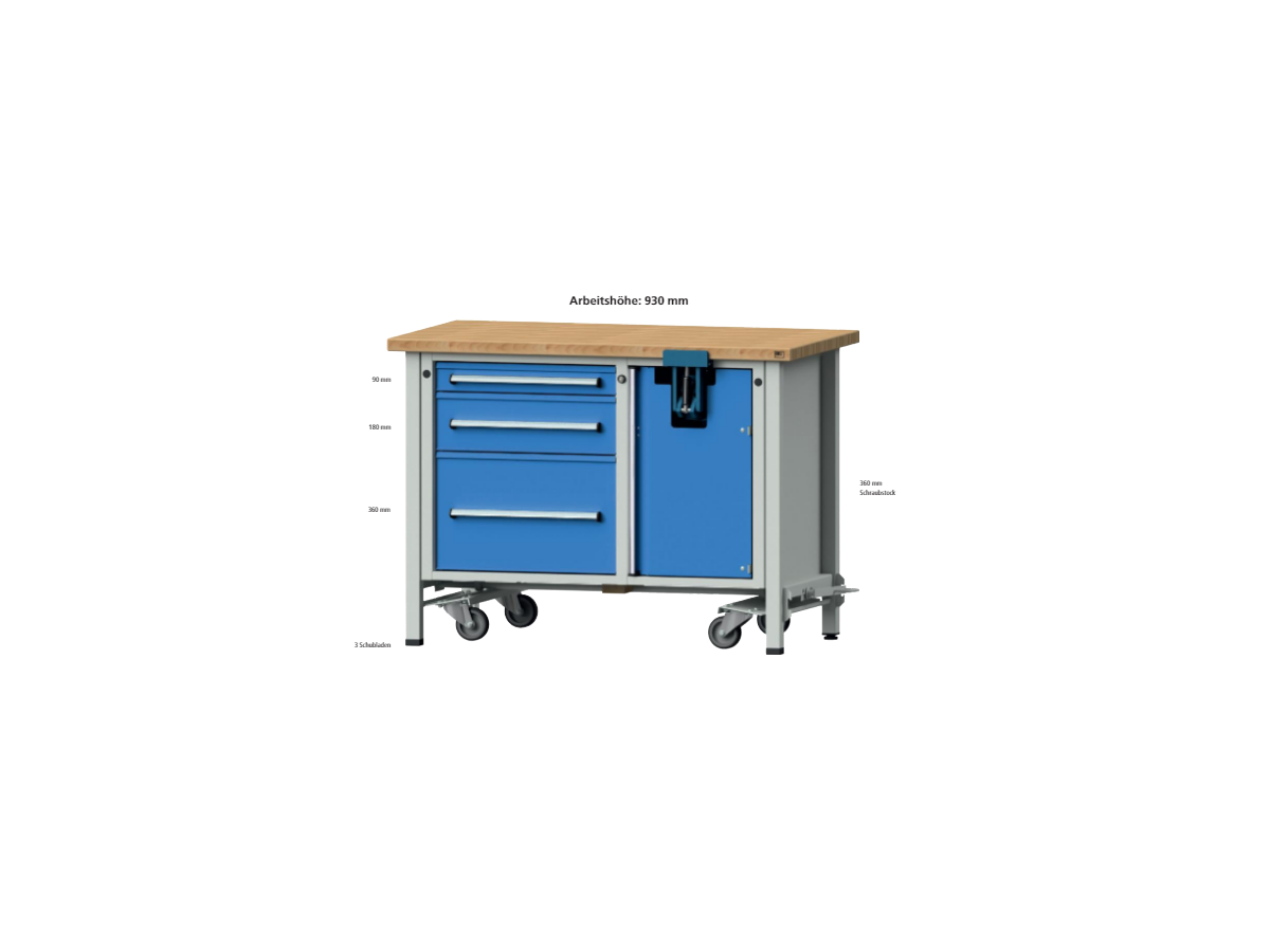 Anke Montagewerkbank B1270xT700xH930mm RAL7035/RAL5012 BMP 40mm 3 Schubladen