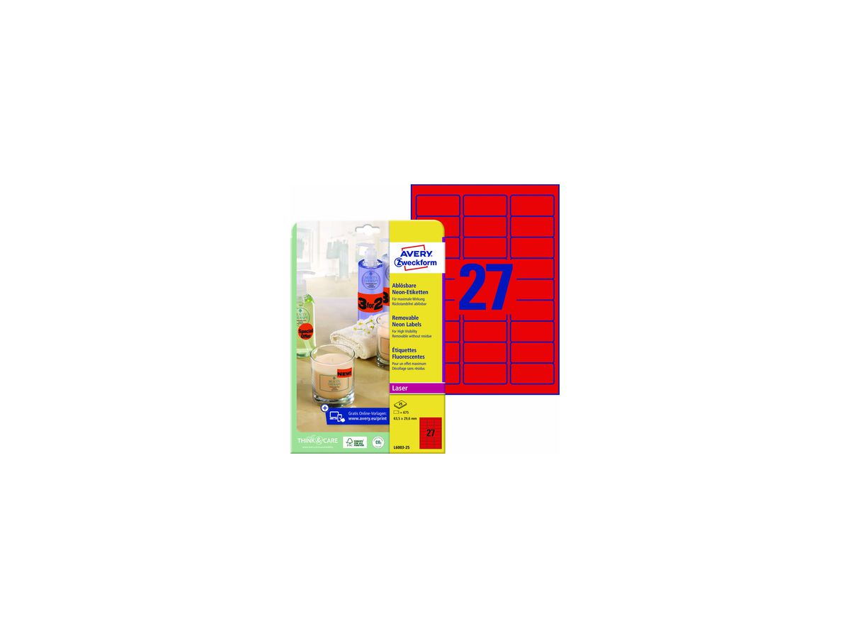 Avery Zweckform Etikett L6003-25 63,5x29,6mm neonrot 675 St./Pack.
