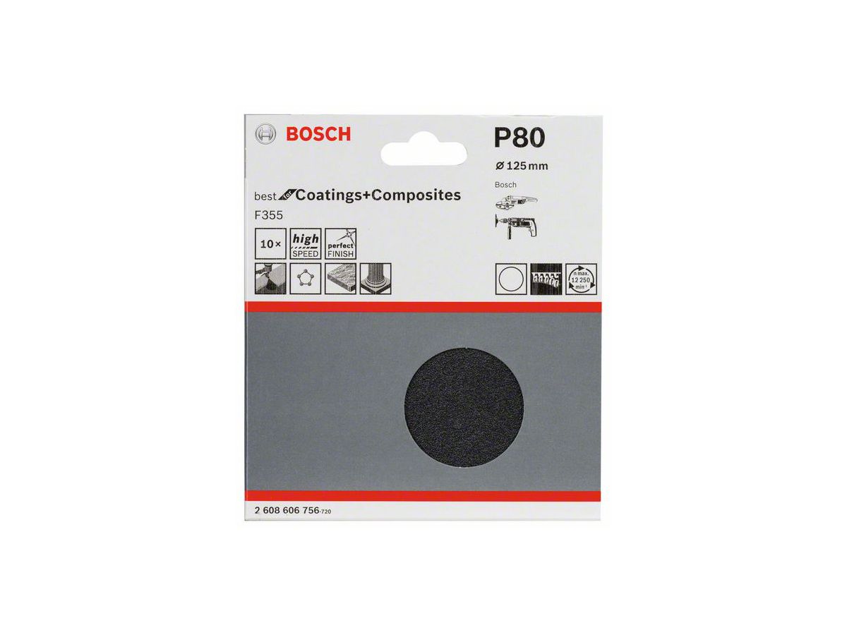 BOSCH Schleifblatt Papier F355, 125 mm, 80, ungelocht, Klett, 10er-Pack