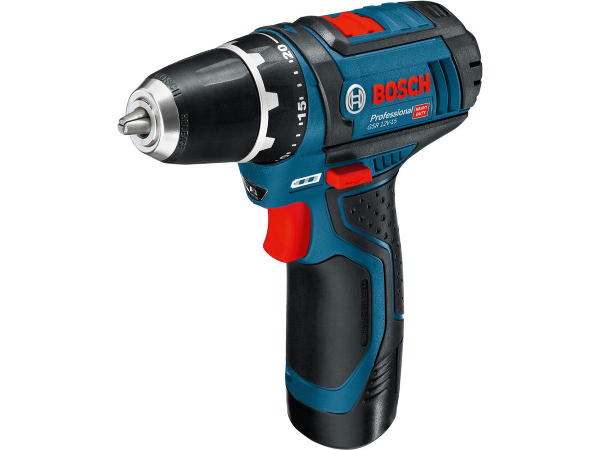 BOSCH Akku-Bohrschrauber GSR 12V-15, 2x2,0 Ah, Ladegerät, Tasche