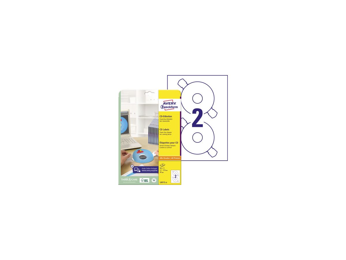 Avery Zweckform CD/DVD-Etikett L6015-25 matt weiß 50 St./Pack.