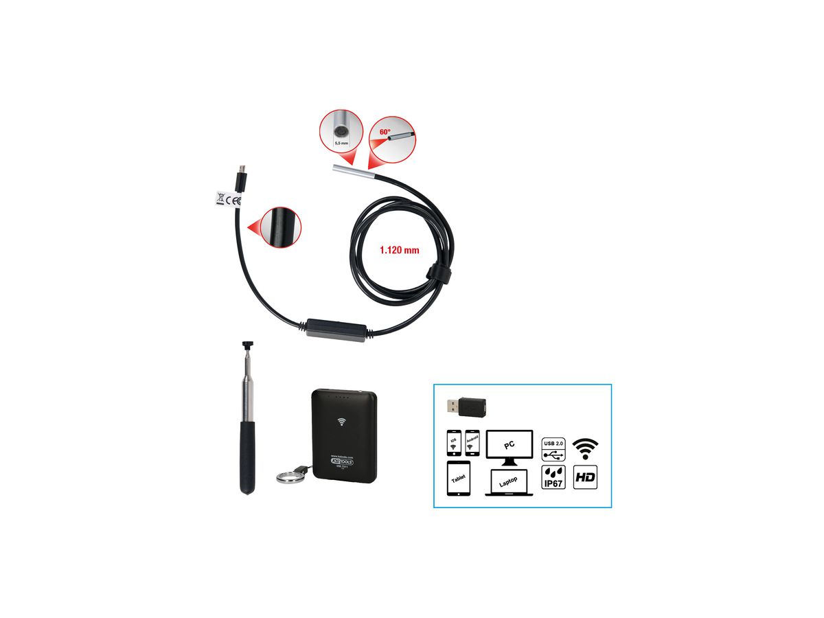 KS TOOLS Wi-Fi-Videoskop-Satz m.Ø 6,0 mm 0° und 90° HD Frontkamera-Sonde, 4-tlg.