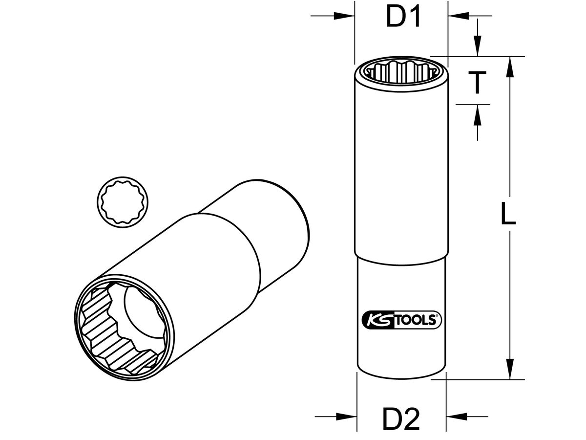 KS TOOLS 1/2" 12-kant-Stecknuss, lang, 12mm