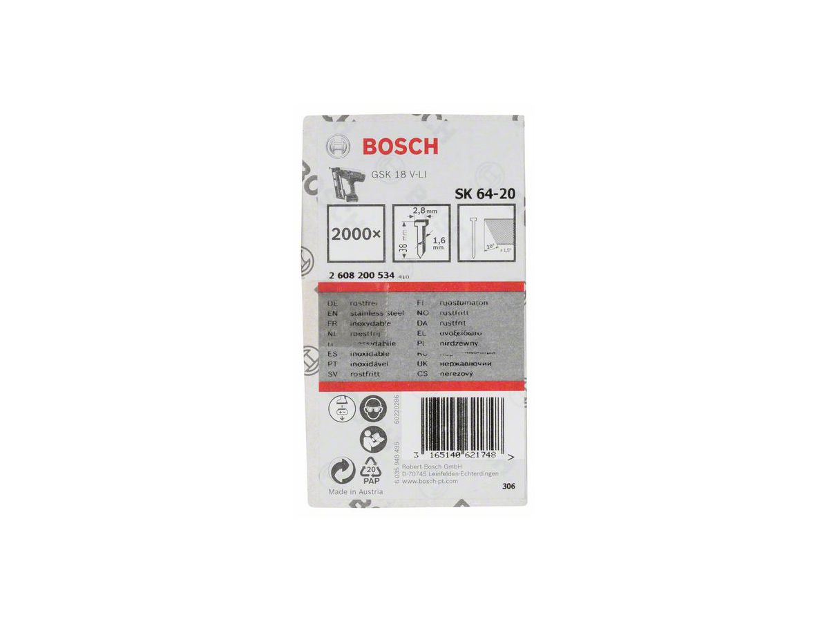 BOSCH Senkkopf-Stift 20° 1,6 / 38 mm rostfrei, VE 2000