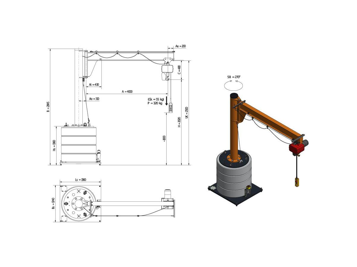 Mobiler Säulenschwenkkran 320kg,4,0m 270 MOBILUS+Elektroket. MOB12-AS3,2-4,0