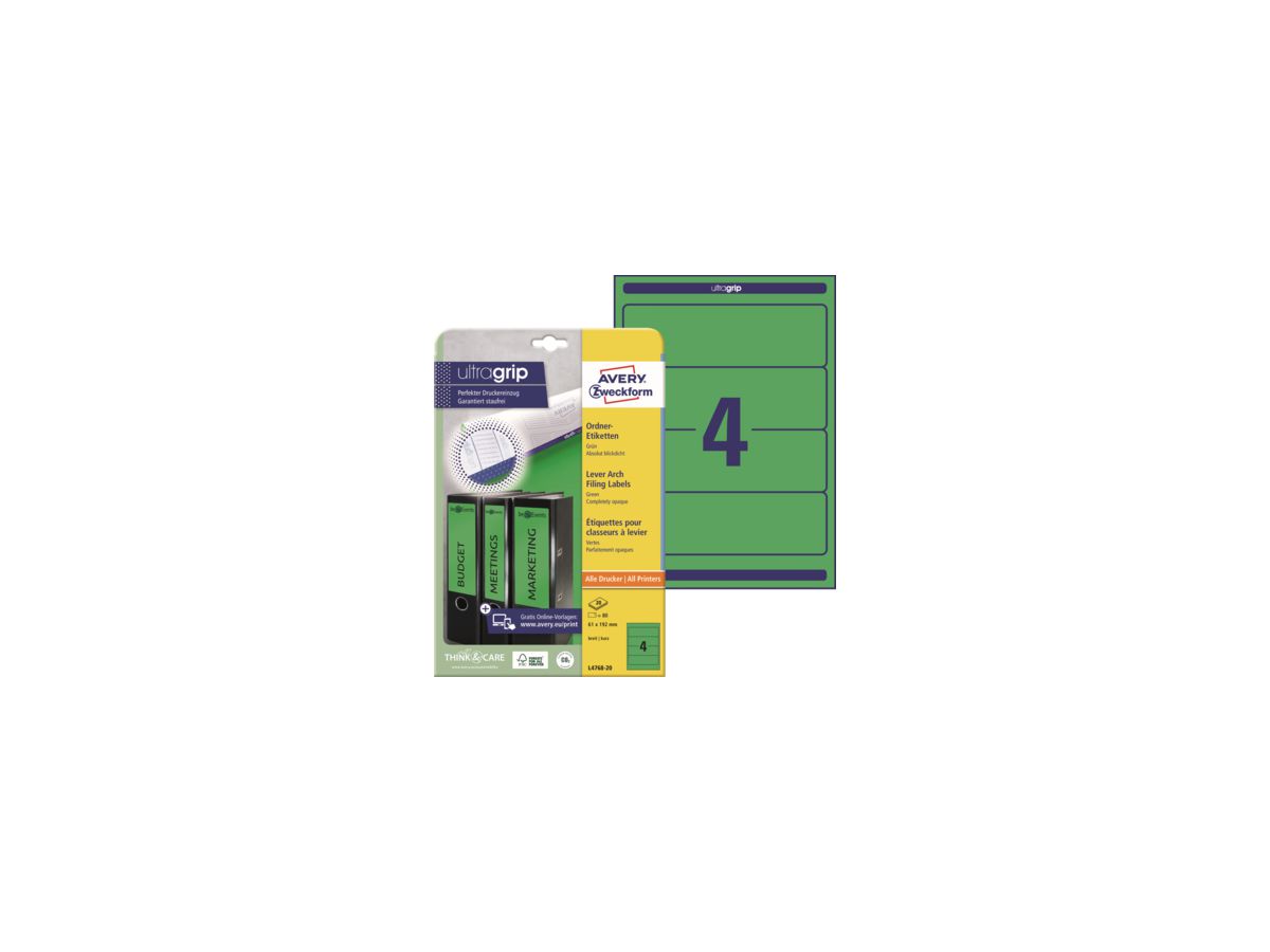 Avery Zweckform Ordneretikett L4768-20 61x192mm gn 80 St./Pack.