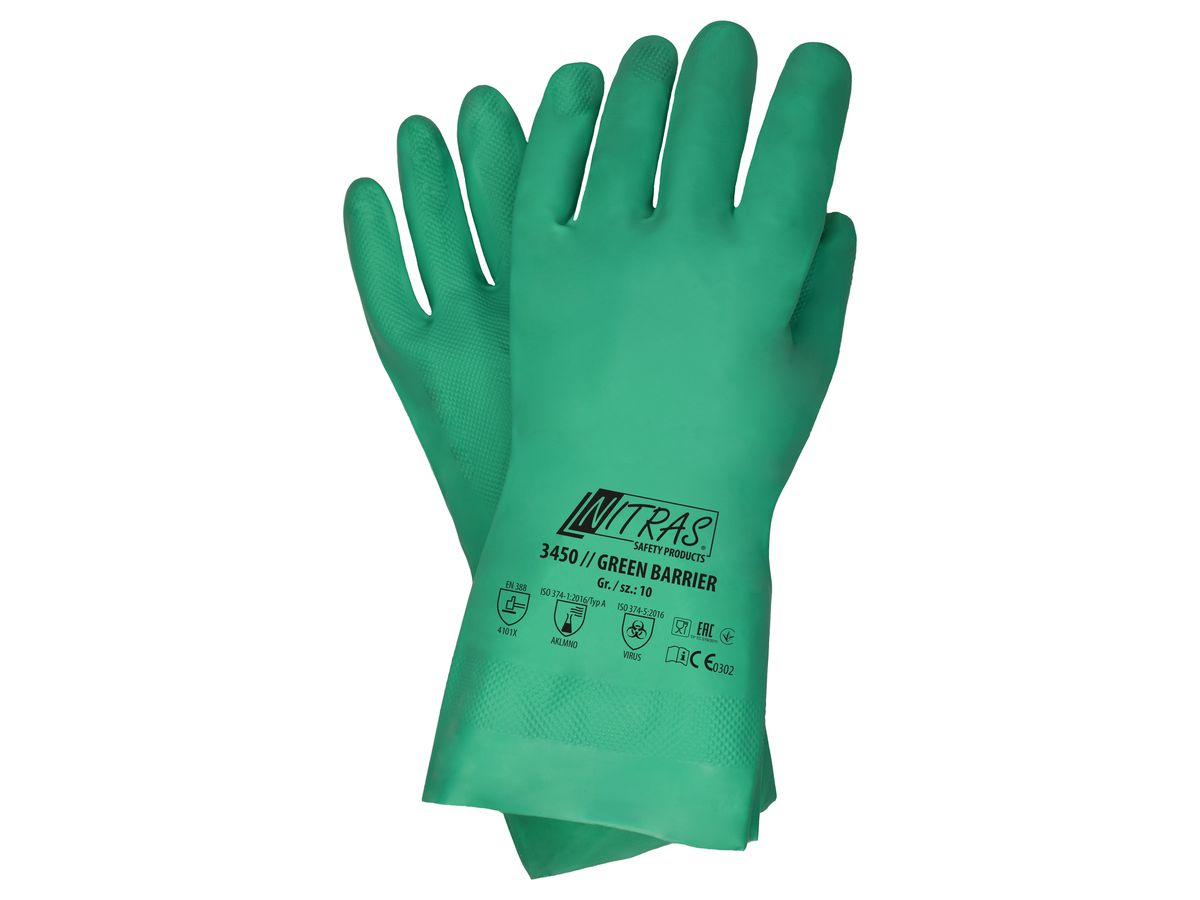 NITRAS Chemikalien-Schutzhandschuh 3450 Gr. 7, 32cm grün Nitril EN 388/374 CAT 3