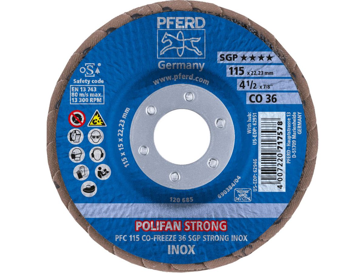 PFERD Polifan Fächerschleifscheibe SGP CO-Strong FREEZE 115x22.23mm, K 36