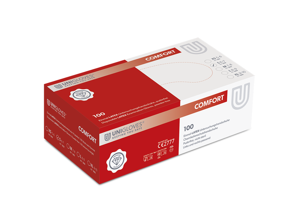 Unigloves COMFORT Latexhandschuhe 1202 puderfrei, Größe S, Box à 100 Stück