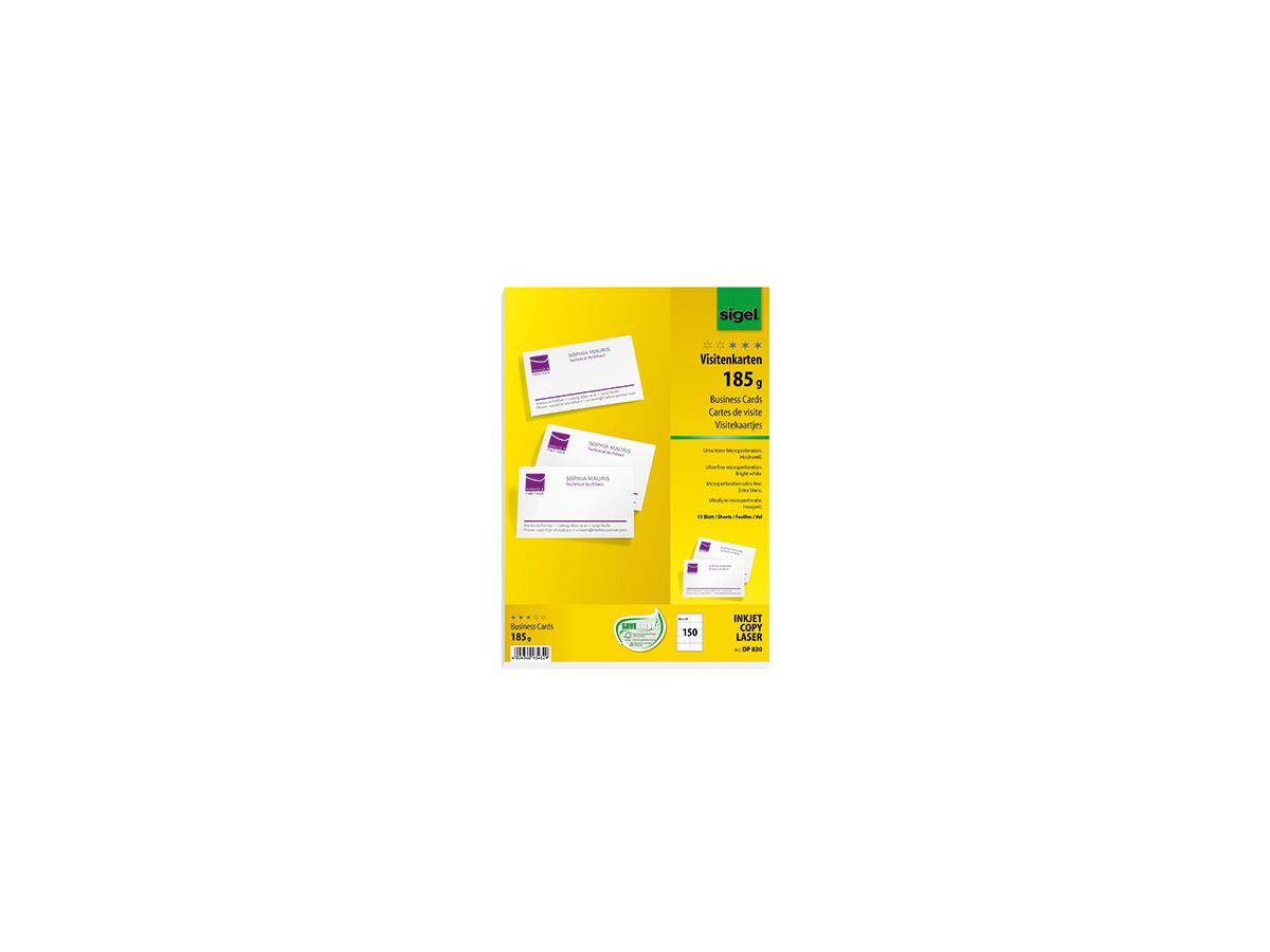 Sigel Visitenkarte DP830 DIN A4 85x55mm 185g ws 150 St./Pack.