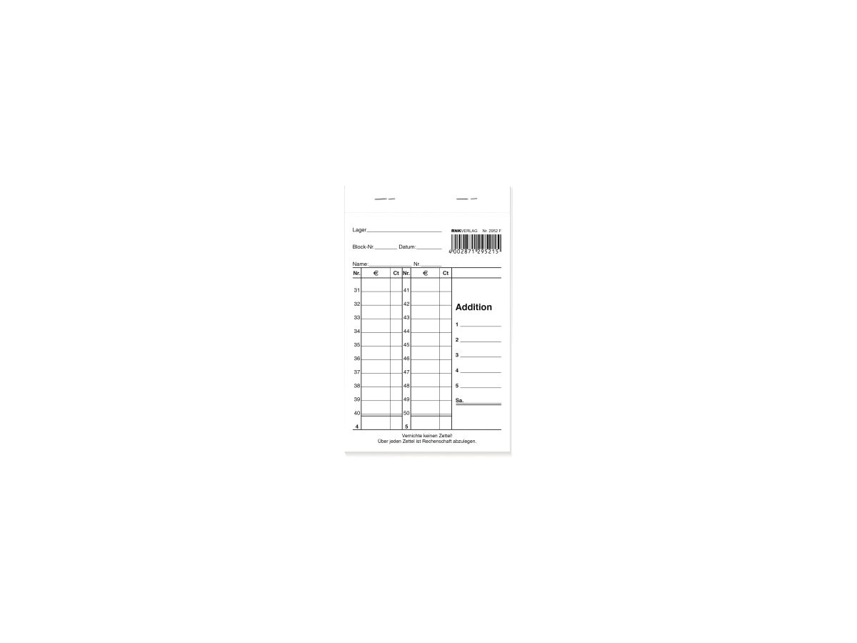 RNK Kassenblock 2952F 100x150mm 2x50Blatt