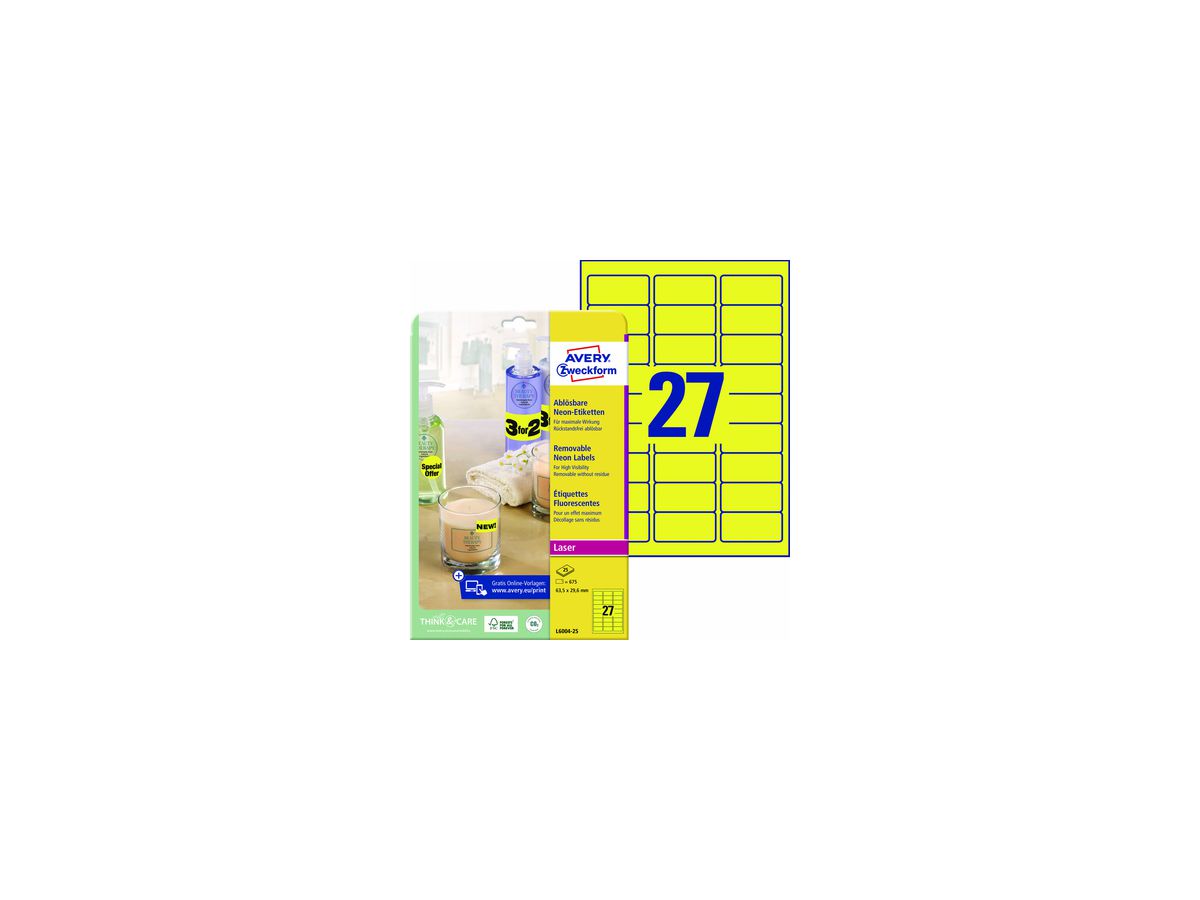 Avery Zweckform Etikett L6004-25 63,5x29,6mm neongelb 675 St./Pack.