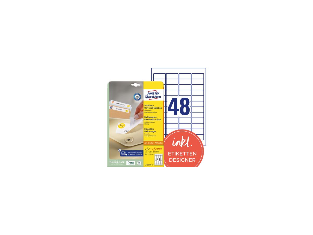 Avery Zweckform Etikett L4736REV-25 45,7x21,2mm weiß 1.200 St./Pack.