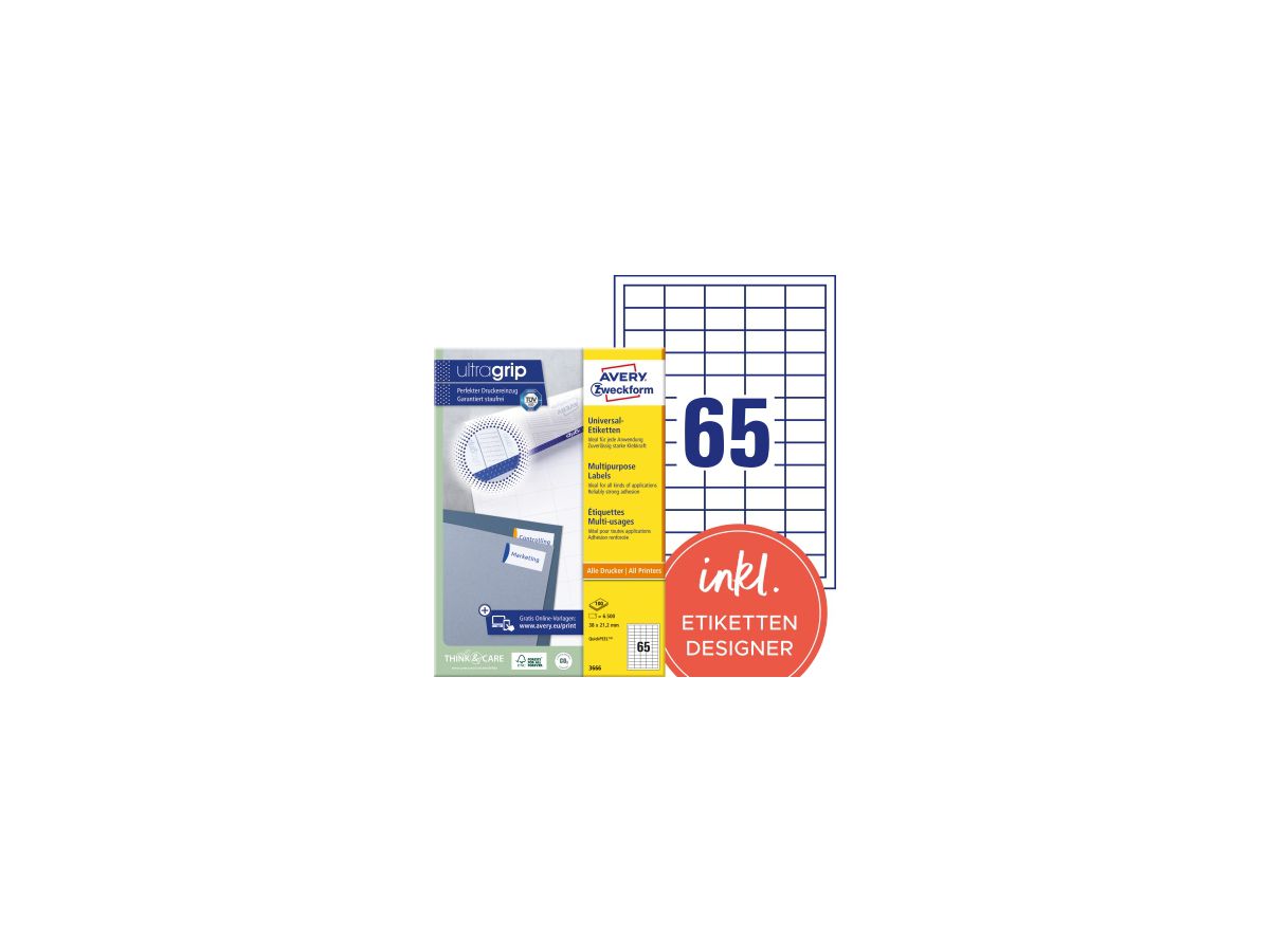 Avery Zweckform Universaletikett 3666 38x21,2mm weiß 6.500 St./Pack.