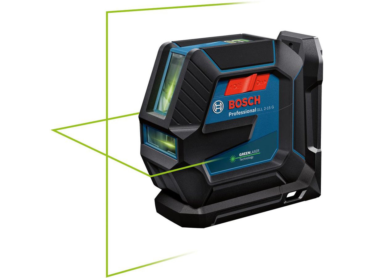BOSCH Linienlaser GLL 2-15 G, grün LB10, DK10, Zieltafel, Tasche, 4x1,5 V
