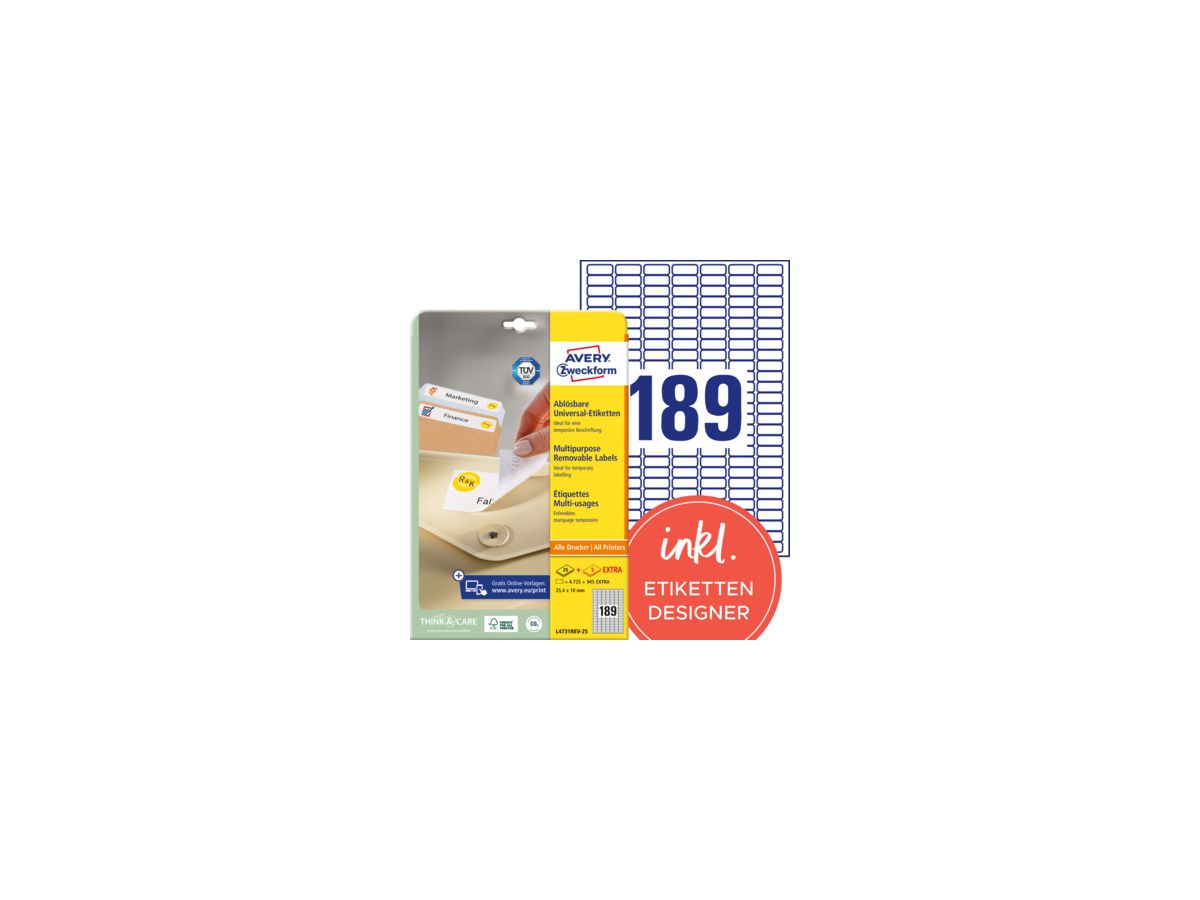 Avery Zweckform Etikett L4731REV-25 25,4x10mm weiß 4.725 St./Pack.