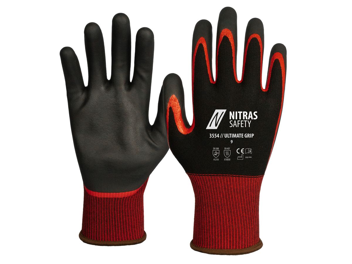 NITRAS Montage-Handschuh Ultimate Grip Gr. 8 Nitrilschaum schwarz/rot, 3554