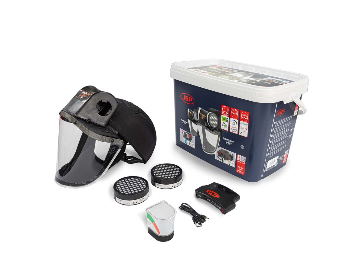 JSP Powercap Gebläseatemschutzgerät TH1P + Kappe + Visier, EN 12941, EN 812