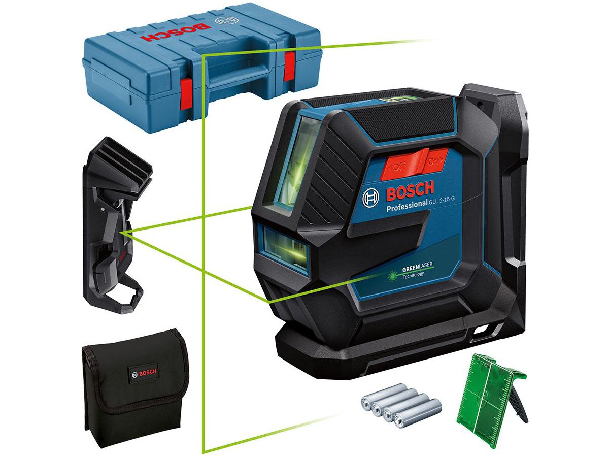 BOSCH Linienlaser GLL 2-15 G, grün LB10, DK10, Zieltafel, Tasche, 4x1,5 V