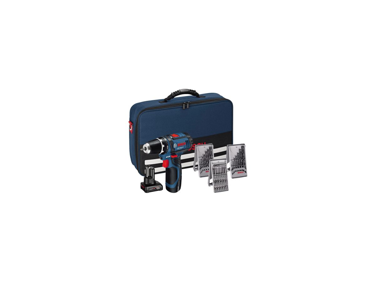 BOSCH Akku-Bohrschrau. + 39 tlg. Zubehör GSR 12V-15, 2 Ah, 4,0 Ah, Ladeg, Tasche