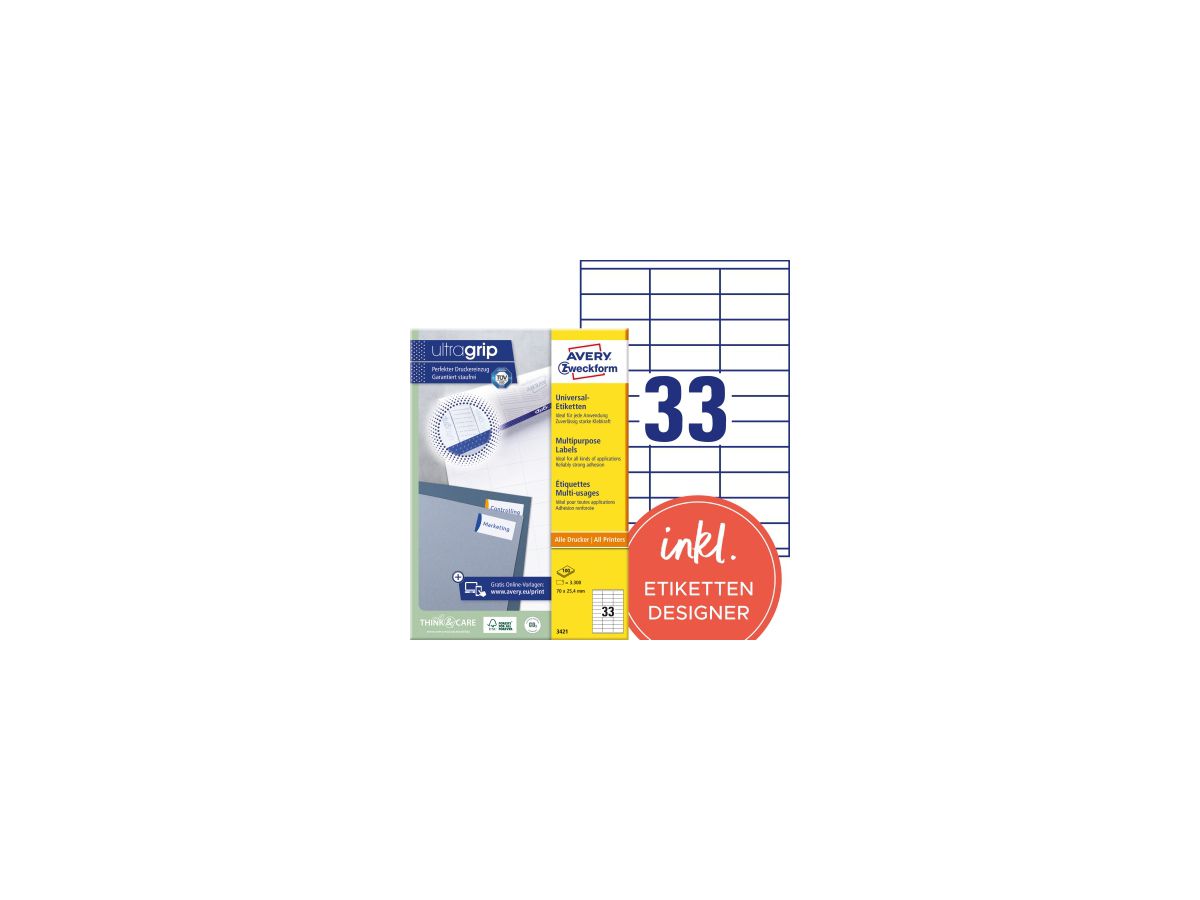 Avery Zweckform Universaletikett 3421 70x25,4mm weiß 3.300 St./Pack.