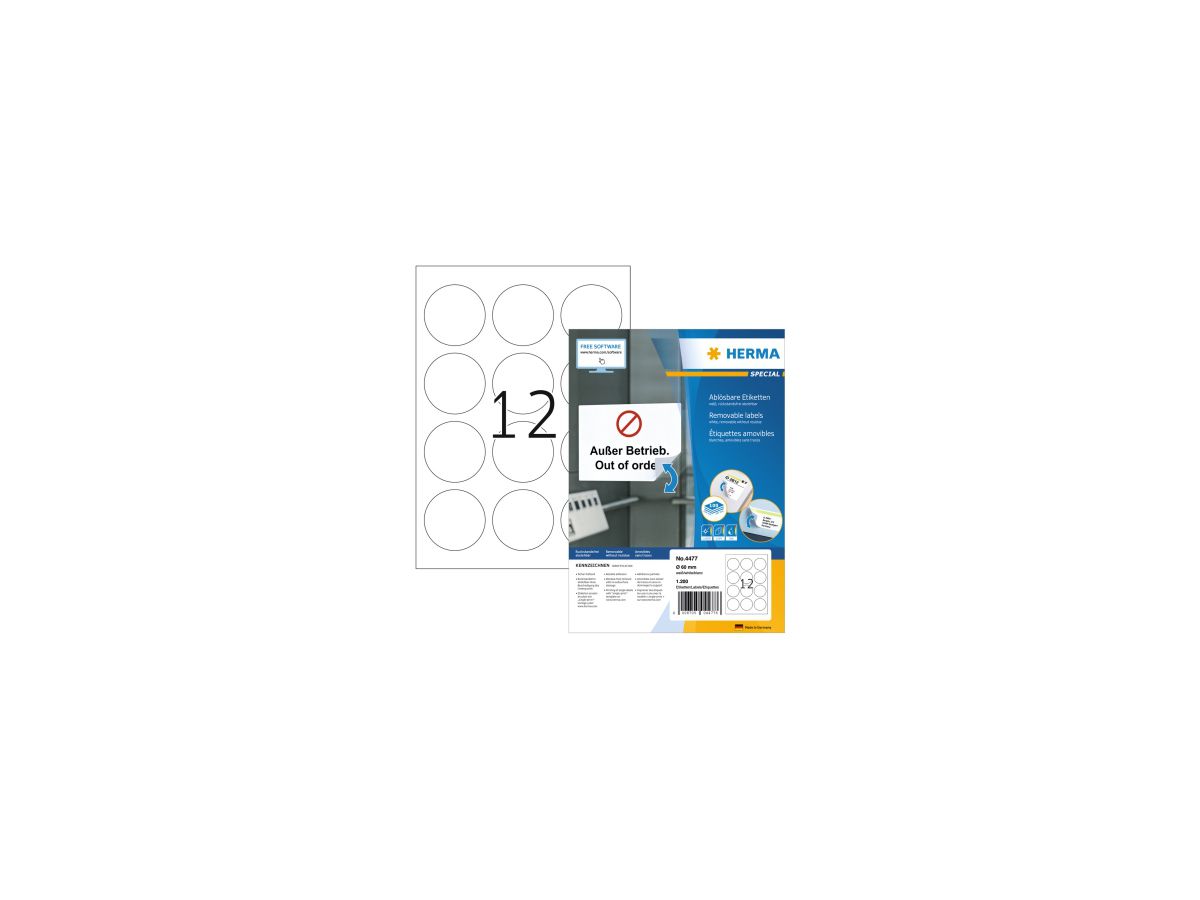 HERMA Etikett Movables 4477 60mm rund weiß 1.200 St./Pack.