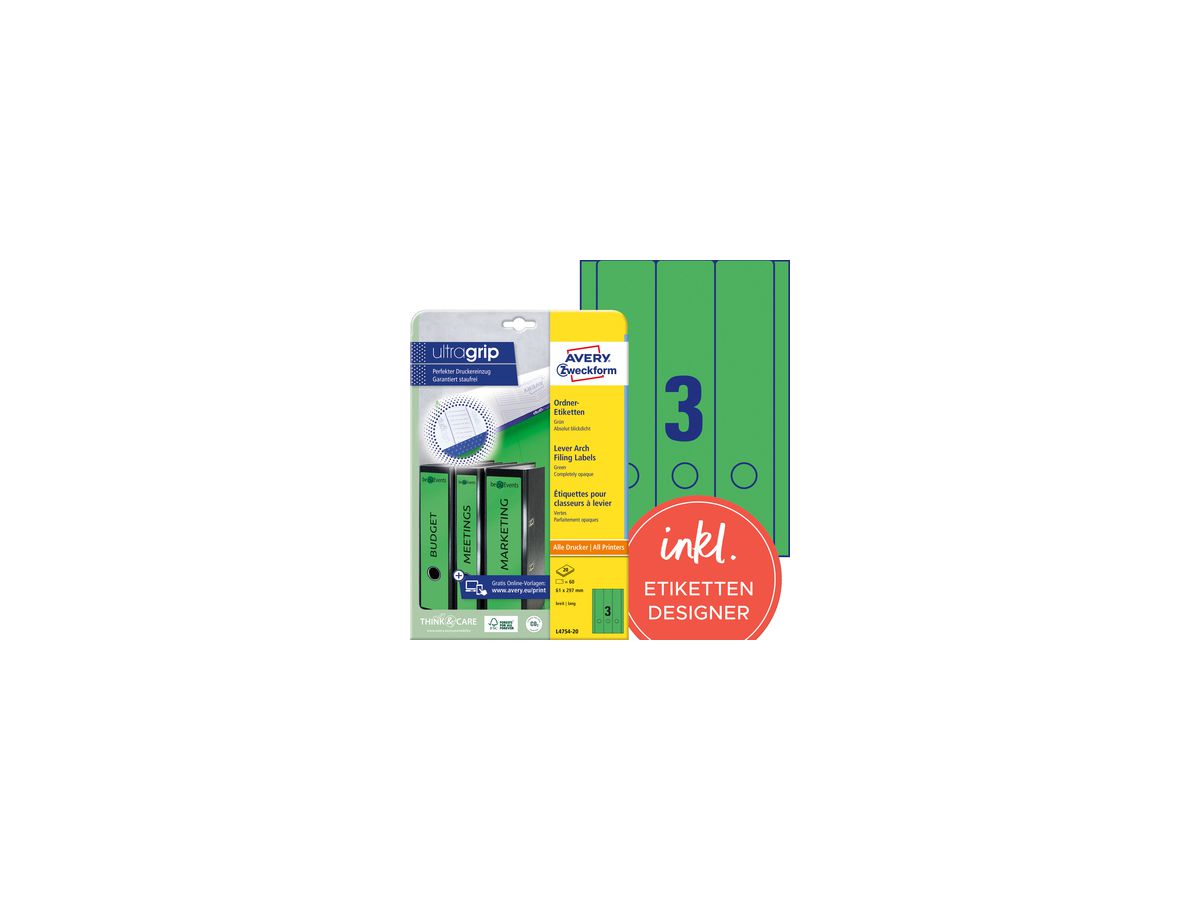 Avery Zweckform Ordneretikett L4754-20 lang/breit gn 60 St./Pack.