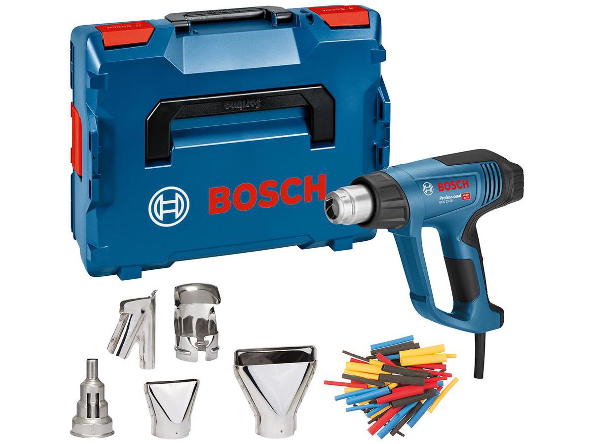 BOSCH Heißluftgebläse GHG 23-66 Set in L-BOXX 136 mit Düsen, Schrumpfschläuchen