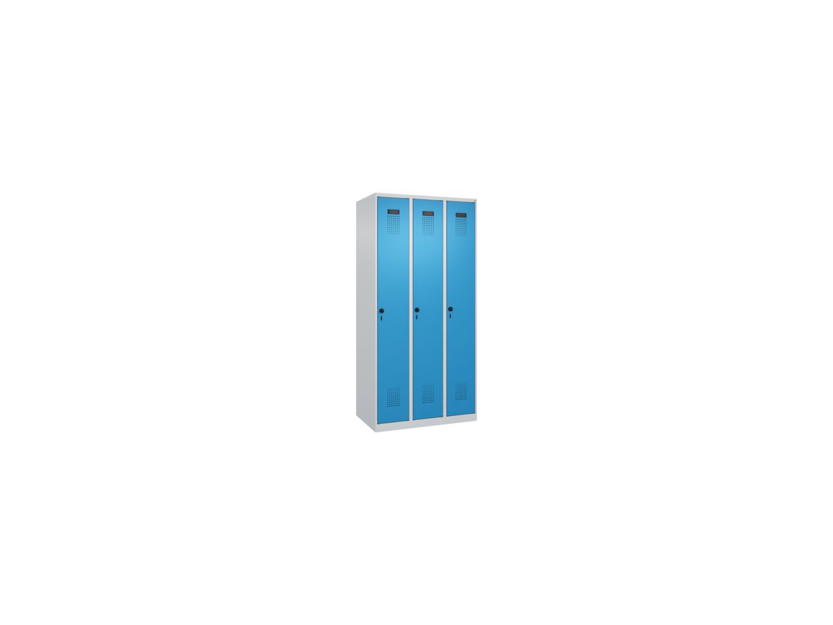 C+P Garderobenschrank EVOLO bodenstehend RAL7035/5012, 3 Abt. B900xT500xH1850mm