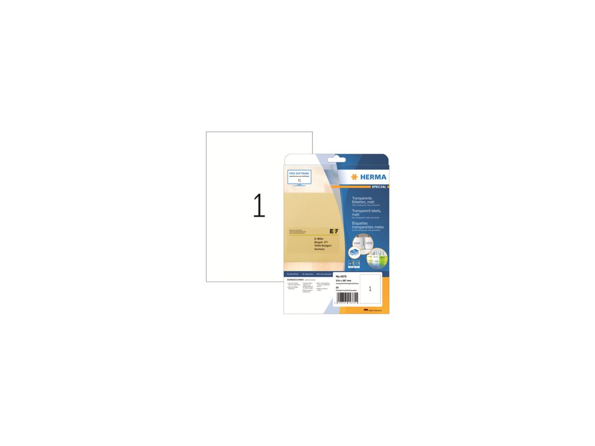 HERMA Transparente Etiketten 47375 matt 210x297mm (VE=25St.)