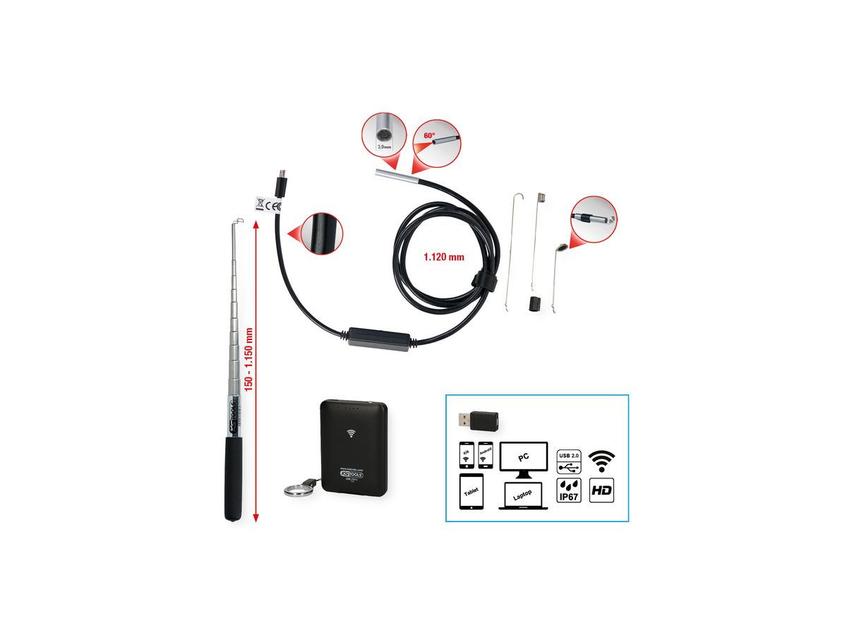 KS TOOLS Wi-Fi-Videoskop-Satz mit Ø 3,9 mm 0° HD Frontkamera-Sonde, 7-tlg.